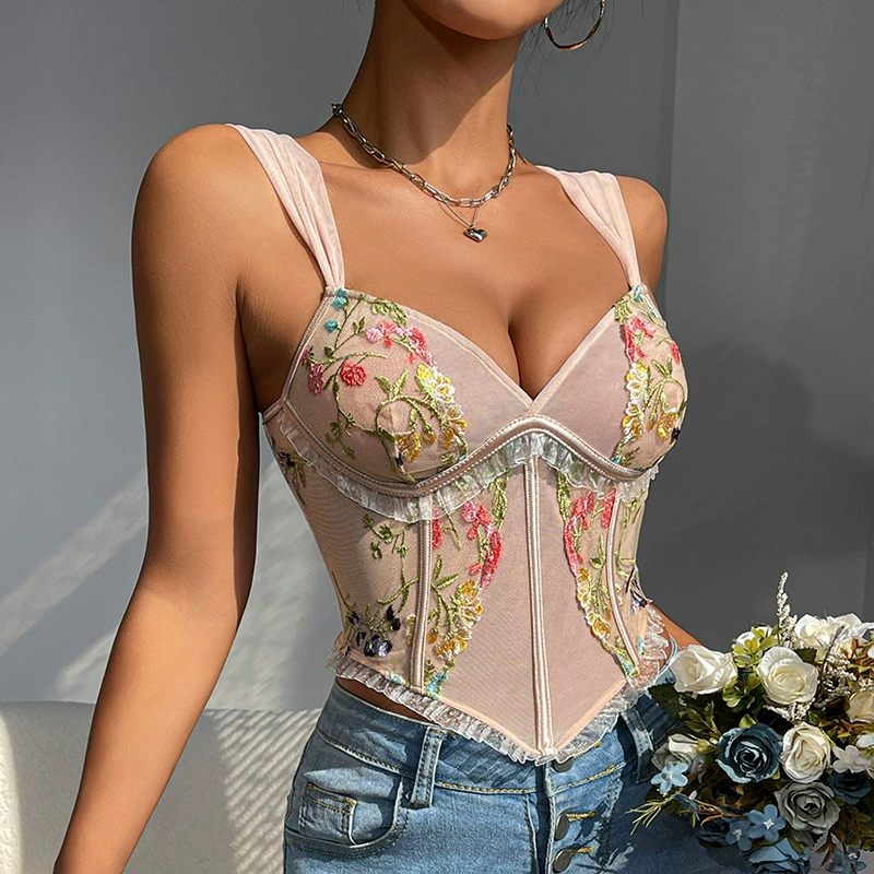 (Граница торговли), ретро майка-топ, sexy бюстье топ, французский стиль, Slim fit, утягивающий эффект, европейский стиль, цветочный