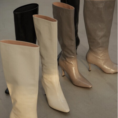 B full leather Y knee-high boots women's leather boots autumn and winter New Korean style pointed stiletto heel sleeve women's Knight boots