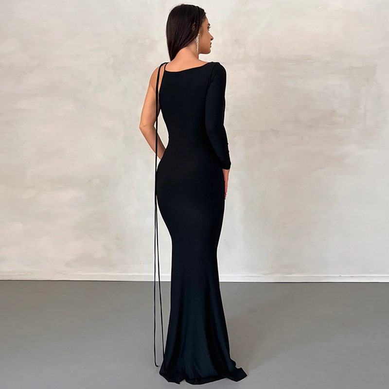 single-long sleeve backless v neck slim solid color dress NSHTL139510