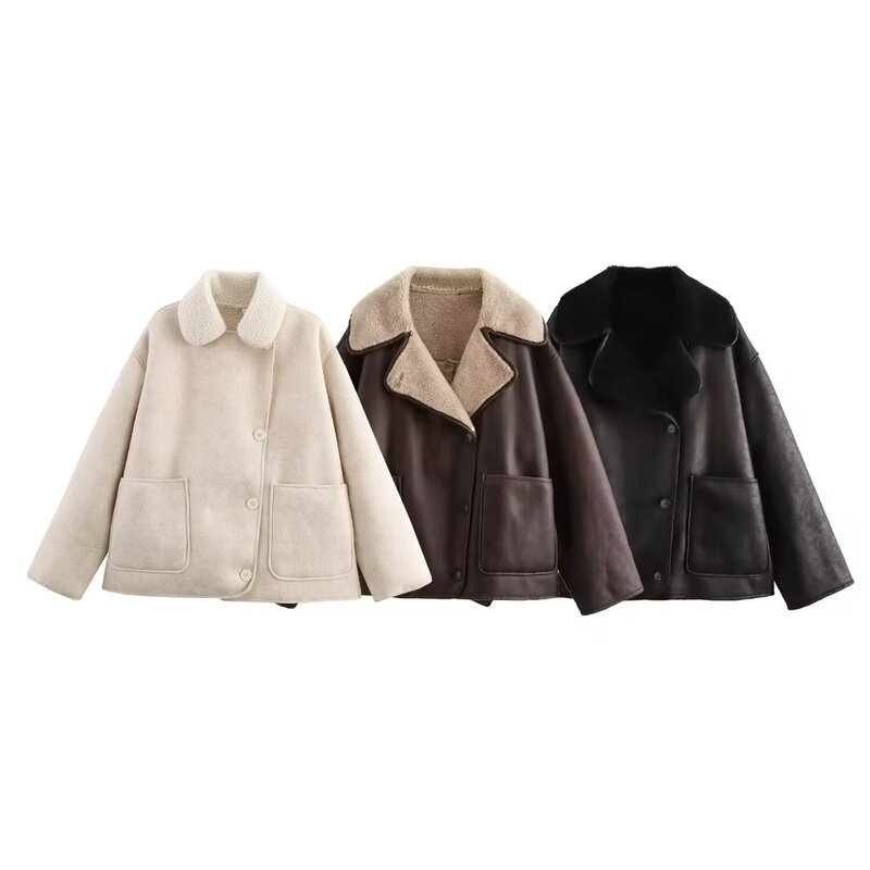 Bsk&Traf Women's 2025 Autum New European and American Style Fashionable Fur One-Piece Lapel Jacket 3548241