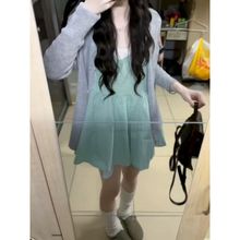 韩系可爱风甜美两件套绿格子小清新连衣裙时尚灰色温柔感开衫套装