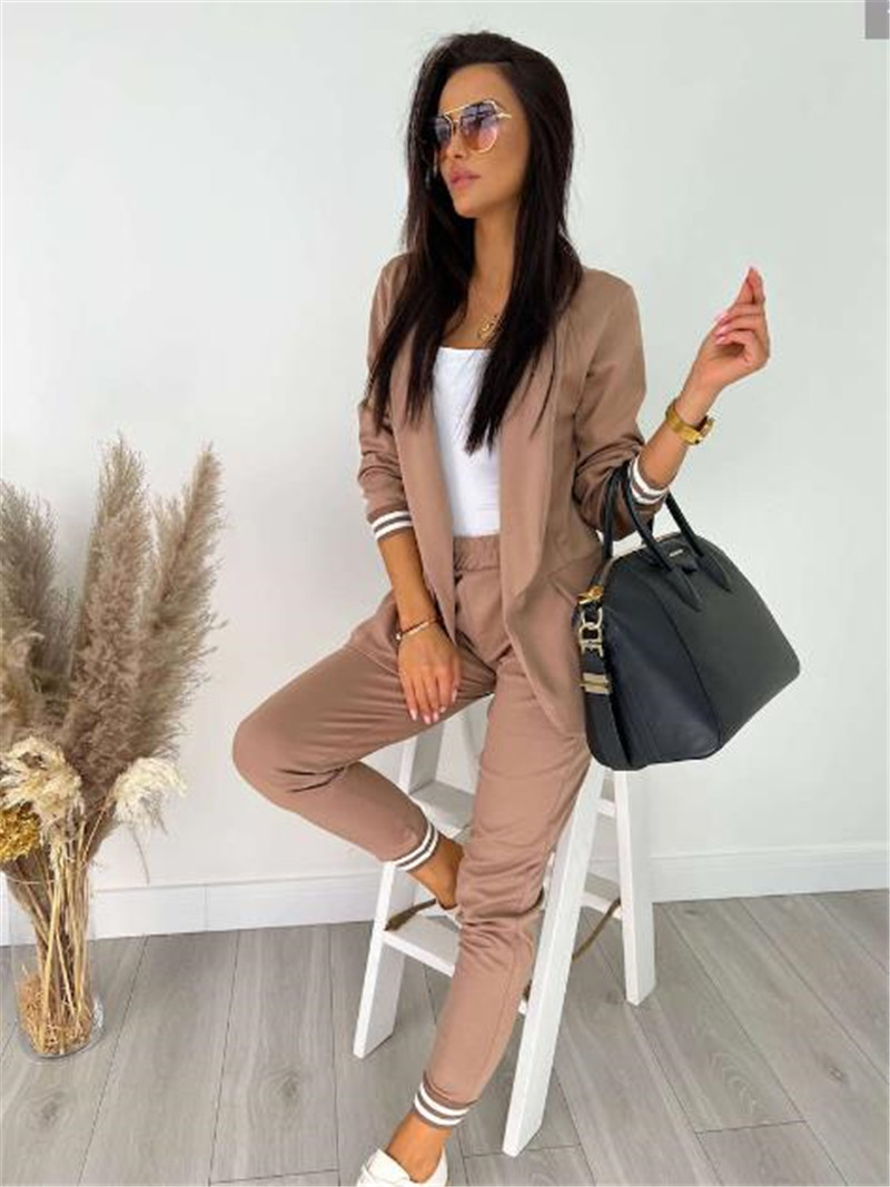 Women's clothing fashion suit casual solid color long-sleeved suit and trousers two-piece set_mkmklike.com