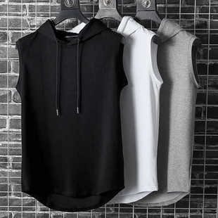 New Sleeveless Vest Top Men's Casual T-Shirt Pure Color Hooded Sweatshirt Lace-Up T-Shirt Hip-Hop Men's Sweatshirt