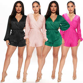 HT1154欧美女装外贸秋季新品 多色时尚V领优雅纯色压褶连体裤