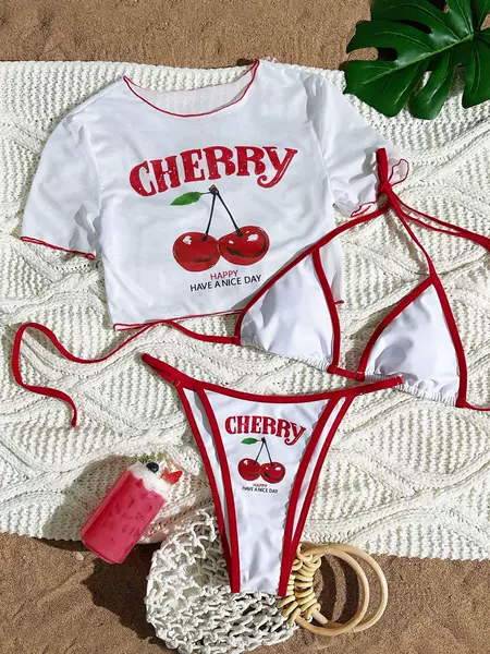 2026 European and American Export Cross-Border Apron Three-Piece Bikini Suit Cherry Print Lace-Up Swimsuit Women's Swimsuit