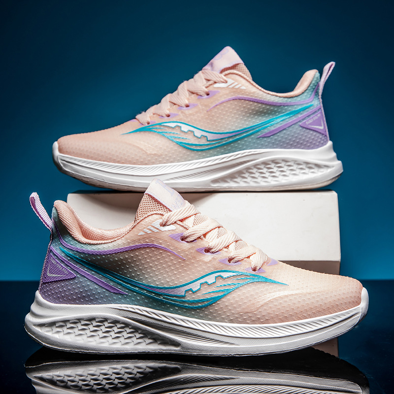 Primavera y verano nuevos zapatos de pareja zapatos deportivos de malla de alambre de pescado zapatos para correr ligeros y transpirables de suela blanda de alta elasticidad zapatos para estudiantes de color caramelo