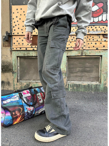 Men's Spring and Autumn High Street Straight Leg Jeans with Multiple Pockets, Washed, American Retro Loose Casual Distressed Work Pants