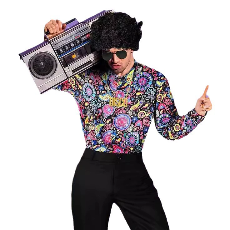 Мужской костюм для дискотеки 70-х, винтажная Цветочная рубашка, расклешенные брюки, комплект из двух предметов, сценическая одежда, костюм