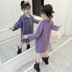 韩版儿童休闲紫色中大童洋气风衣外套毛中长款女童潮呢子大衣秋冬