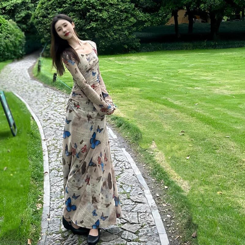 欧美跨境外贸法式复古蝴蝶清冷长袖连衣裙女修身显瘦气质包臀裙子|undefined