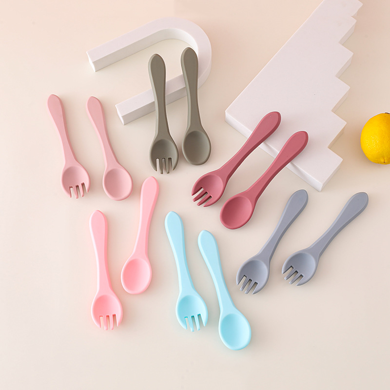 Cuchara de tenedor de silicona con mango de madera para bebés, suplemento alimenticio para el hogar, juego de tenedor y cuchara de silicona con mango de madera, cuchara de alimentación para niños resistente a caídas