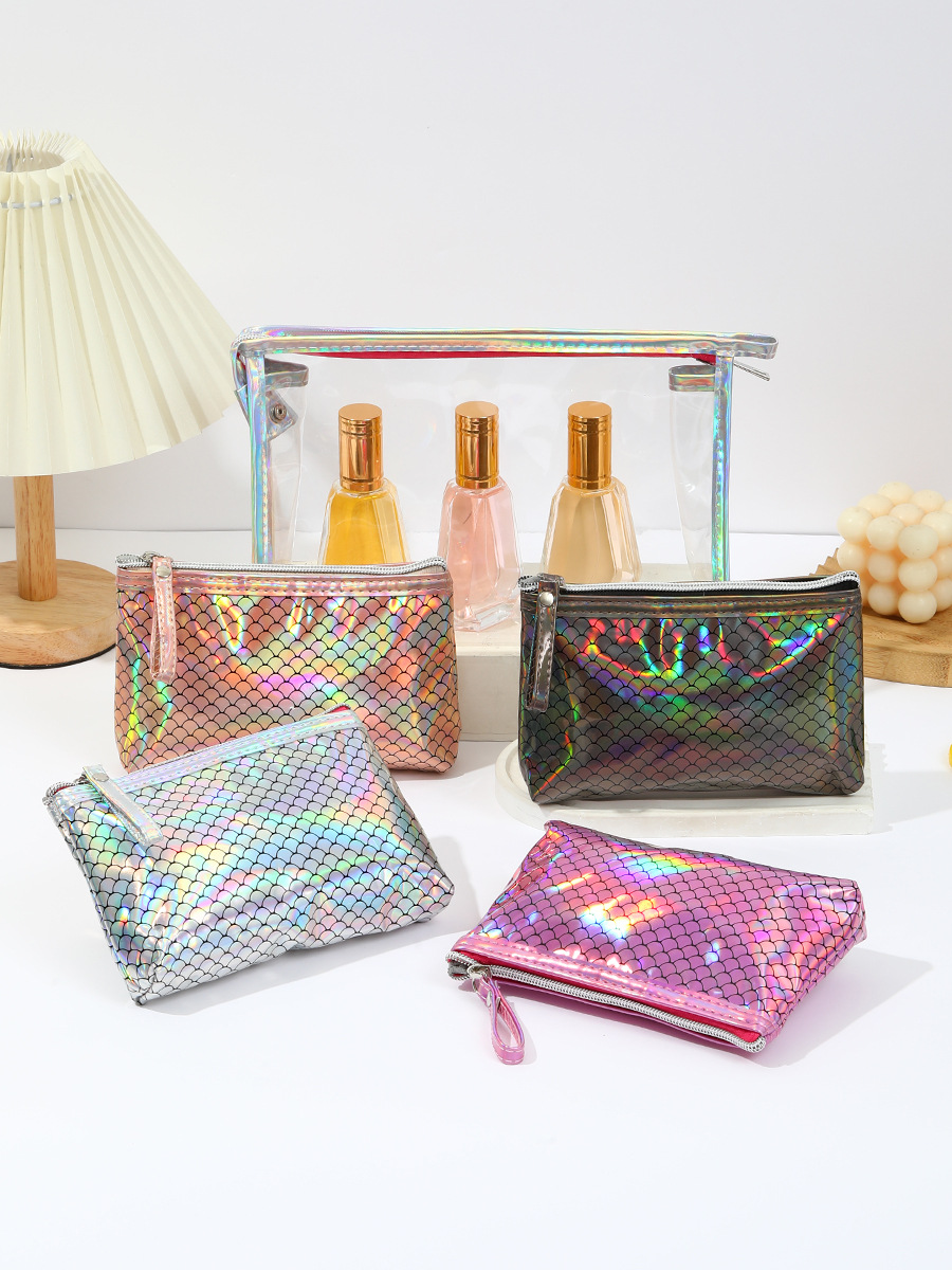 Fashionable Fish Scale Pattern Laser Makeup Bag 2-Piece Set Transparent Pvc Waterproof Travel Toiletry Bag Set with Dry and Wet Separation