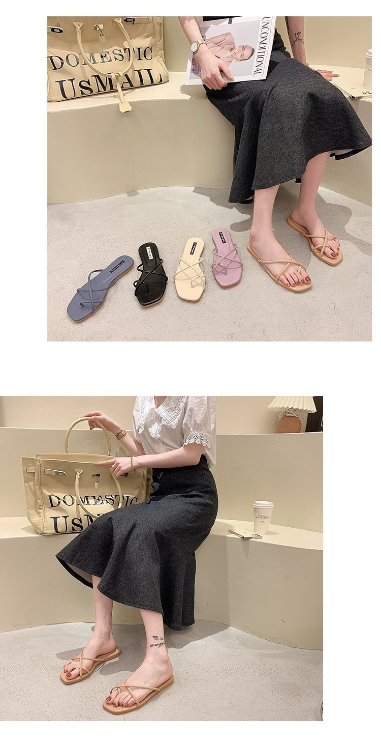 Hausschuhe im Feenstil, neue Oberbekleidung für Damen im Sommer 2024, koreanische Version, schlichter und schmaler Riemen mit quadratischer Zehenpartie und flachem Boden_voghion.com