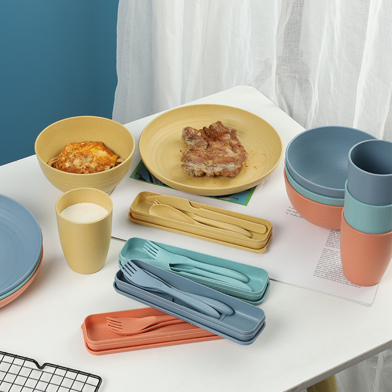 Specializes In Wheat Straw16-piece Home Creative Matching Set Box Cup Bowl Plate Knife Fork Spoon Tableware Set