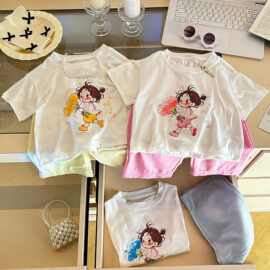 外贸跨境两件套女童卡通印花短袖T恤+裤子韩版宽松短款上衣套装