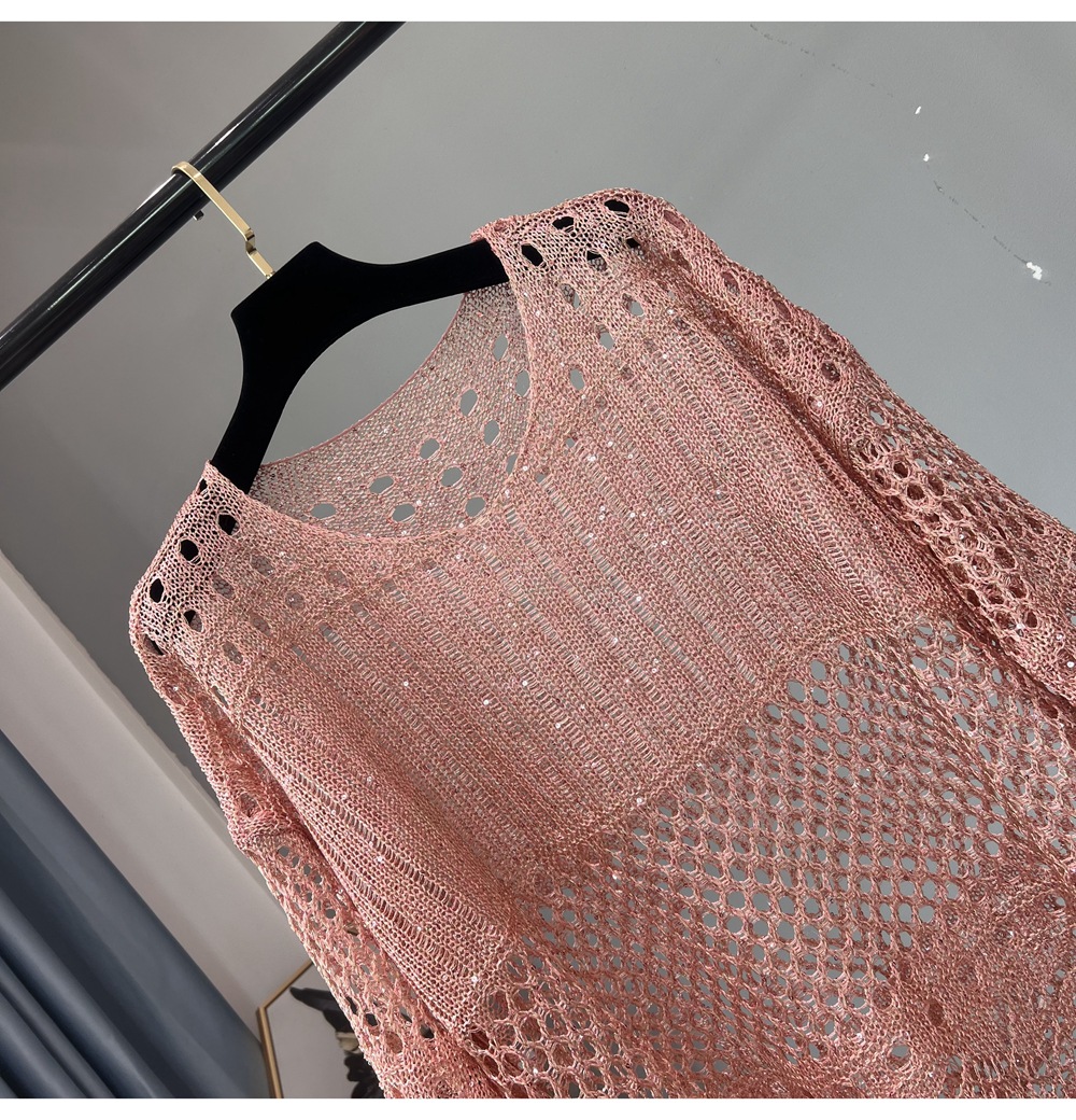 Frühling neue hohle Pailletten bluse mittellanger Strick pullover Goldthread helles Seiden-Sonnenschutz hemd – Detail 9