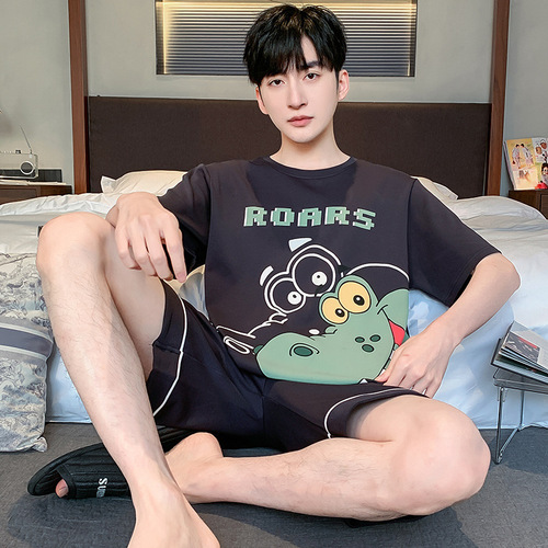 Men's Summer Pure Cotton Short-Sleeve 2025 Thin Youth Student Cartoon Plus Size Homecoming Set