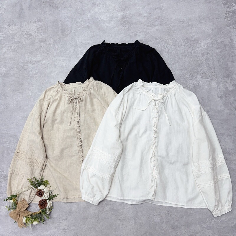 Japanese-Style Tencel Cotton and Linen Button-Up Lace Shirt, Autumn Thin Loose Versatile Tie-Neck Artistic Simple Top for Women