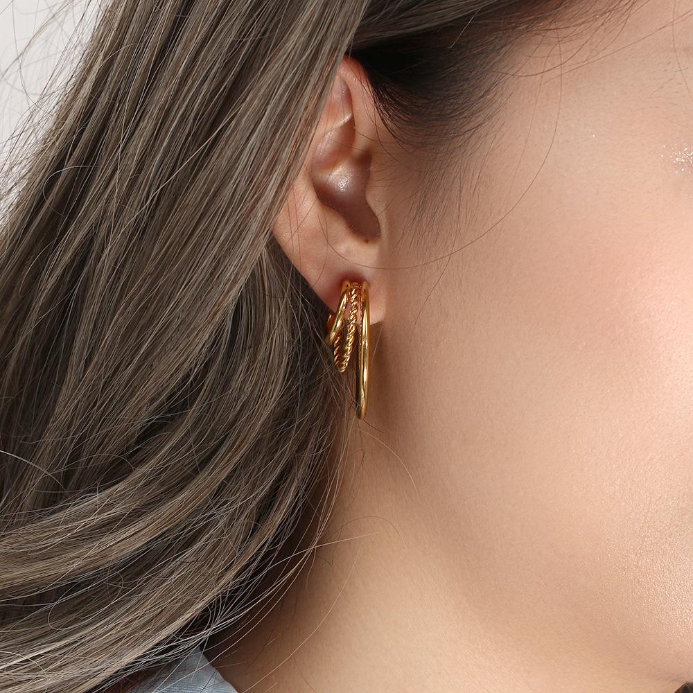 Fashion Stainless Steel 18K Gold Plating Multi-Layer Hollow Twist C Type Earrings