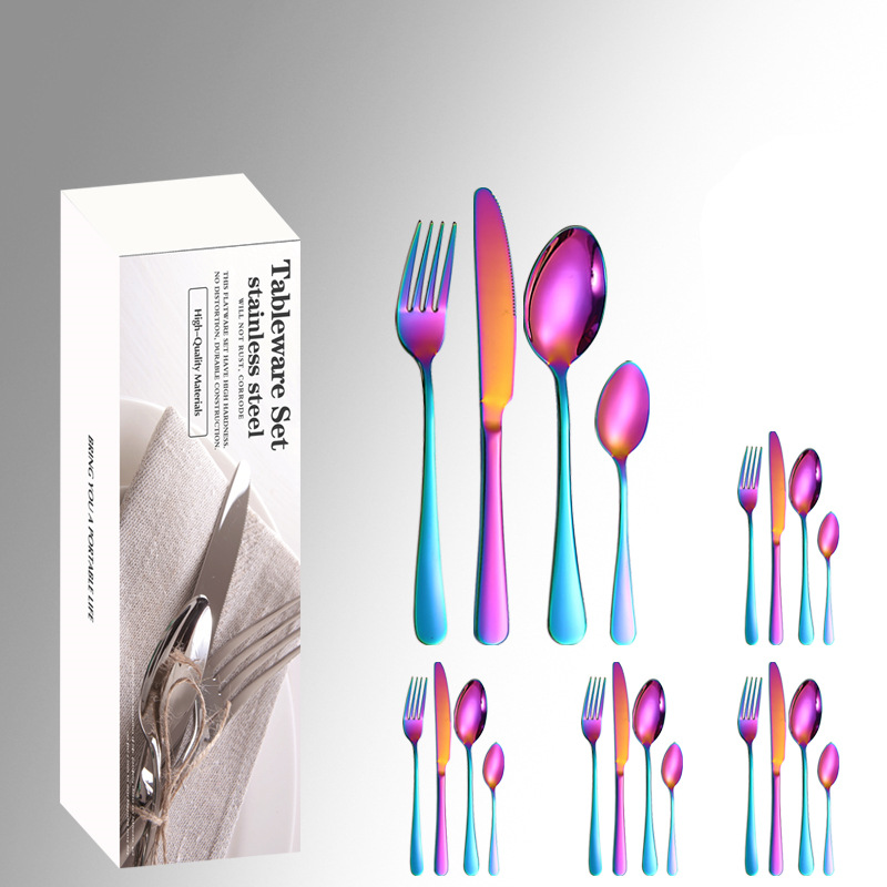 Amazon productos calientes de acero inoxidable vajilla 24 unidades traje 1010 cuatro piezas principales caja simple comida occidental cuchillo, tenedor y cuchara