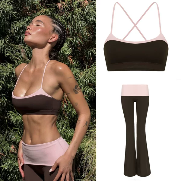 Women's yoga tank top for export, with built-in chest pads, color-block design, high-waisted, high-elasticity, quick-drying, and slightly flared long pants