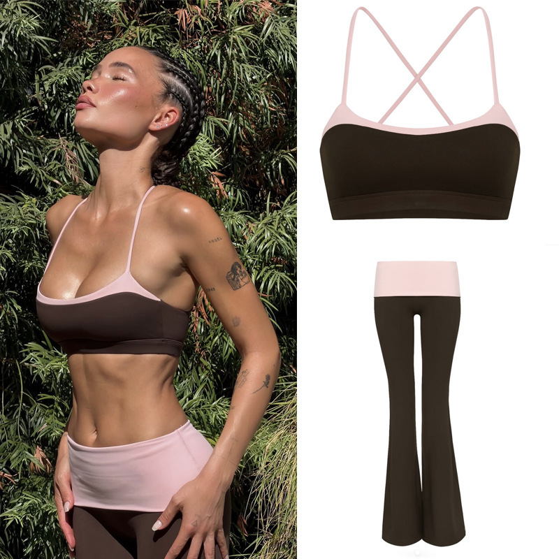 Women's yoga tank top for export, with built-in chest pads, color-block design, high-waisted, high-elasticity, quick-drying, and slightly flared long pants