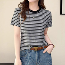 简约条纹撞色圆领短袖T恤女夏季2026年新款宽松显瘦百搭正肩上衣