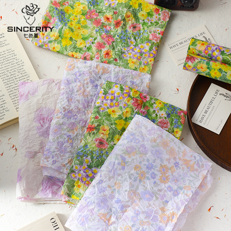 Papel de pera de siete colores, color de aceite, floral 38g, papel de fondo grueso, papel de revestimiento interior, papel amasado a mano, ramo de papel de regalo de flores