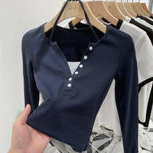 纯欲甜酷辣妹假两件V领长袖t恤女装2025早秋季设计感小众修身上衣