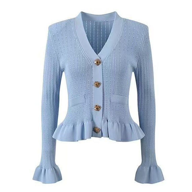 Cross-Border European and American New V Neck Knitwear Single-Breasted Ruffled Knitwear Elegant Long-Sleeved Cut Out Women's Top