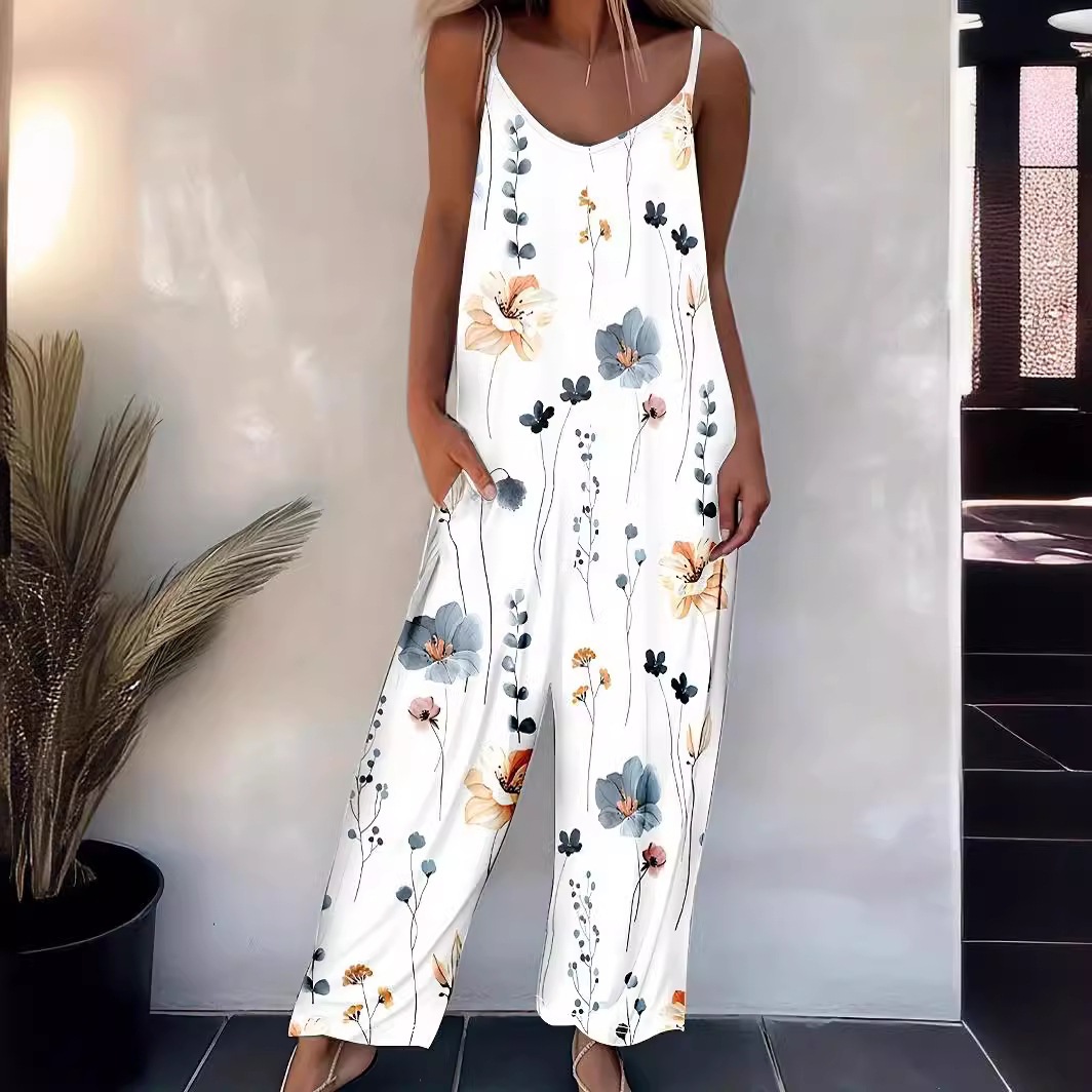Printed New Autumn Casual Pants for Women European and American Suspender Jumpsuit Women's Spring and Summer Trousers Sleeveless Cross-Border