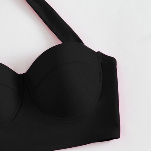 New European and American-style two-piece steel-boned push-up solid-color bikini swimwear—high-waisted, modesty-enhancing biquini that subtly covers the midriff.