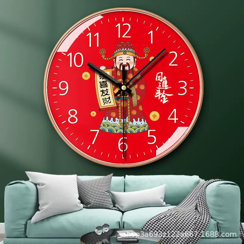 【8英寸20厘米】新中式财神爷静音钟表简约家居客厅挂钟中国风