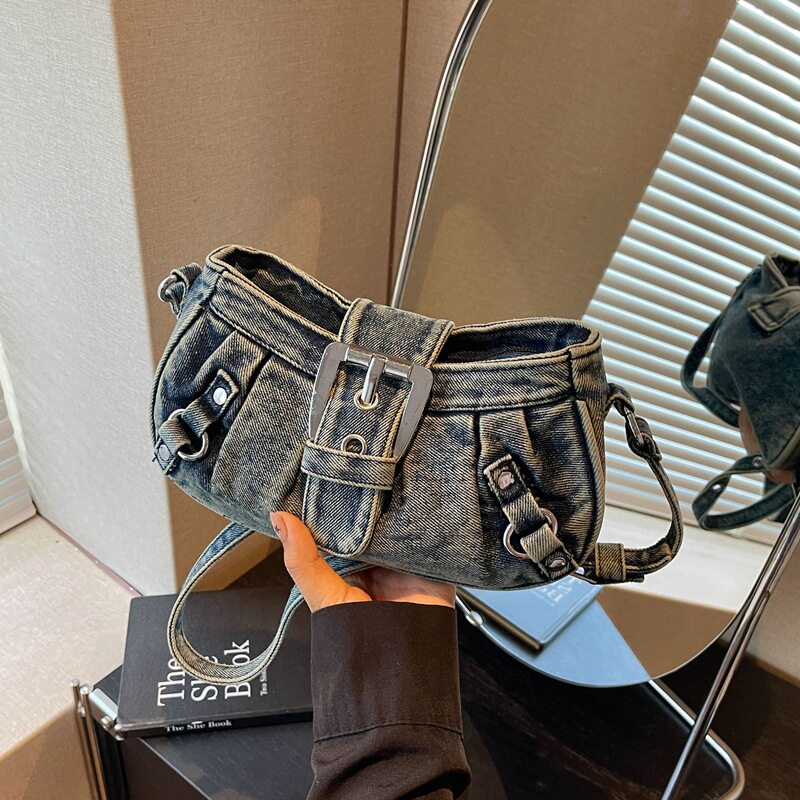 Túi đeo chéo nữ dáng hộp nhỏ kẹp nách vải denim xếp nếp phong cách Hàn Quốc — Cao bồi xanh, Màu xanh cổ điển, đen chi tiết 13