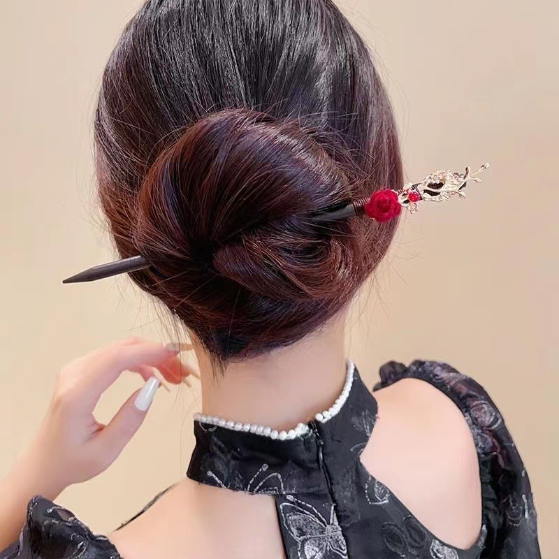 Clipper de cabello de rosa roja antigua niñas de alto nivel cheongsam nuevo estilo chino diario clipper de cabello tocado