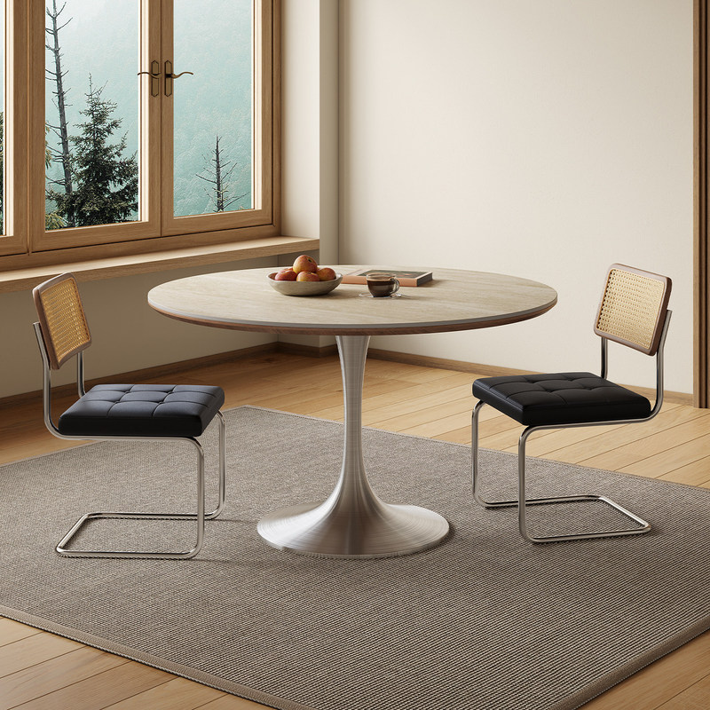 Travertine Stone Round Table for Home Use, Small Apartment Vintage-Style Round Dining Table, Tulip-Shaped Meeting Table and Chair Set