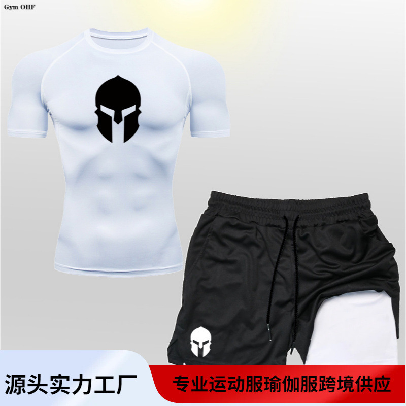 Spartan Warrior 2-in -1 Double Shorts Short Sleeve suit Men's Outdoor Mountaineering Running Sportswear Fitness Spartan Warrior 2-in -1 Double Shorts Short Sleeve suit Men's Outdoor Mountaineering Running Sportswear Fitness