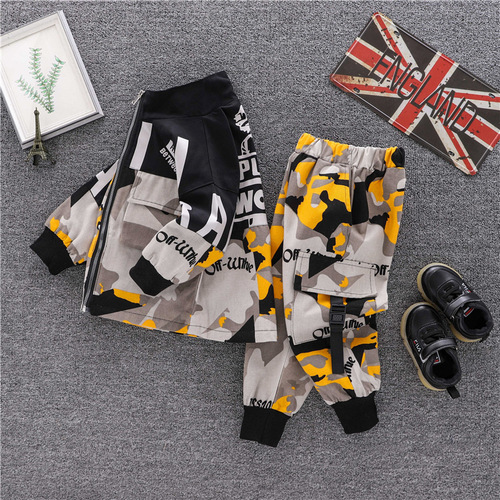 Children's Camouflage Two-Piece Set, Small Boys' Stand Collar Autumn Wear, New Casual Children's Clothing, Letter Zipper Suit for Kids