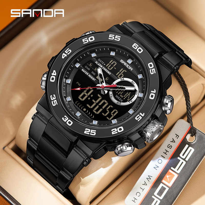 Reloj de pulsera de doble movimiento Sanda 3 reloj de despertador multifuncional impermeable nocturna para hombres