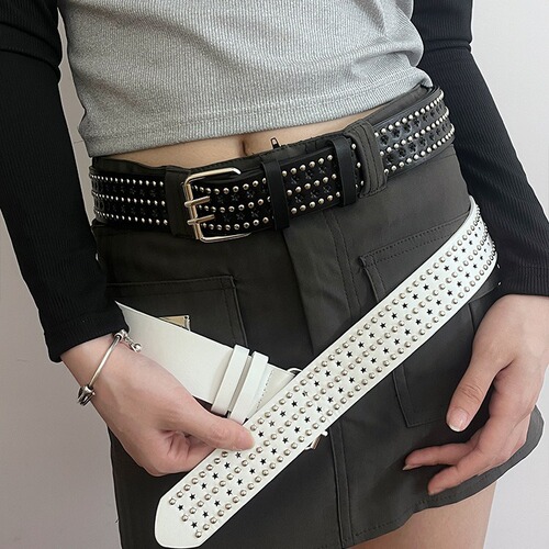 Trendy Personality Belt for Women, Punk Style, Teenager Star Rivet Wide Belt, Double Fastener Waist Closure, Hot Girl Y2K Belt