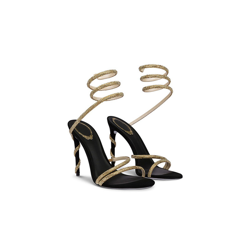 Rc Rhinestone Snake-Shaped Winding Strap Hollow Stiletto High-Heeled Sandals Women's Sexy European and American Style Open-Toe Ankle Strap High Heels