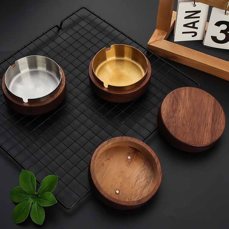 (2개) 스테인레스 스틸 재떨이 홈 오피스 재떨이 뚜껑 안티 플라이 애쉬 크리에이티브 노르딕 솔리드 우드 골든 라운드 담배 컵