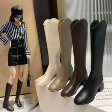 2022秋新款韩版皮面圆头V 口低跟长筒靴女外贸专供大码女式骑士靴