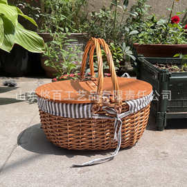 亚马逊新款藤编野餐篮户外野炊春游柳编提篮手提带盖果篮田园郊游