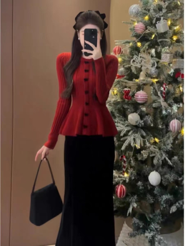 红色圆领蝴蝶结针织衫毛衣女早秋法式设计感御姐优雅修身女装|undefined