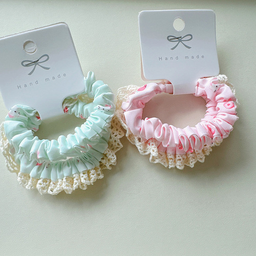 2-Pack Lace Edge Cartoon Cat Print Small Intestine Hair Tie Cute Sweet Ponytail Rubber Band Hairband for Girls