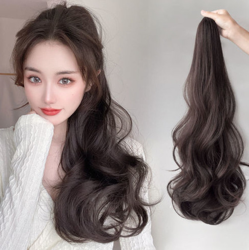 Cauda de caballo pelucón de cabello largo de mujer agarrar clip de cabello largo rizado ondulado natural red rosa pelucón de caballo trenza