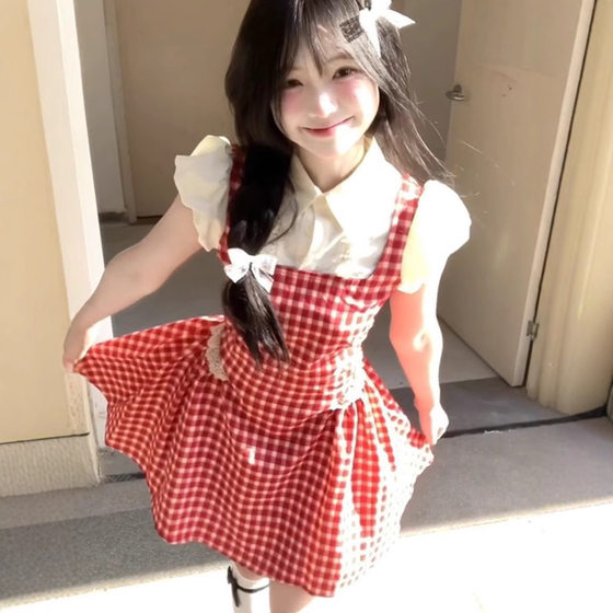 College Red Plaid Fake Two-piece dress Summer New Small 2025 Slim Sweet Short Skirt Shirt Women