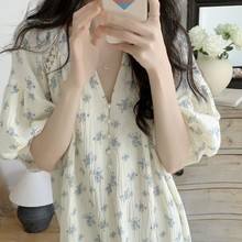 韩国ins女士夏睡裙韩版新款双层棉纱轻薄透气短袖女士家居服睡裙