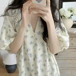 韩国ins女士夏睡裙韩版新款双层棉纱轻薄透气短袖女士家居服睡裙